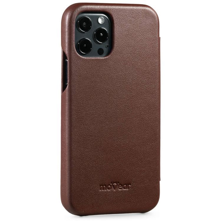 moVear flipSide S Ledertasche für Apple iPhone 12 Pro / 12 (6.1") | Glatte Leder, Handy Hülle book type (Dunkelbraun)