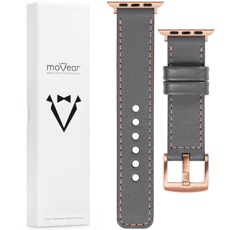 moVear Prestige C1 22mm Grau Lederarmband für Apple Watch 10 / 9 / 8 / 7 / 6 / 5 / 4 / SE (42/41/40mm) | Grau Nähte [Größen XS-XXL und Schnalle zur Auswahl]