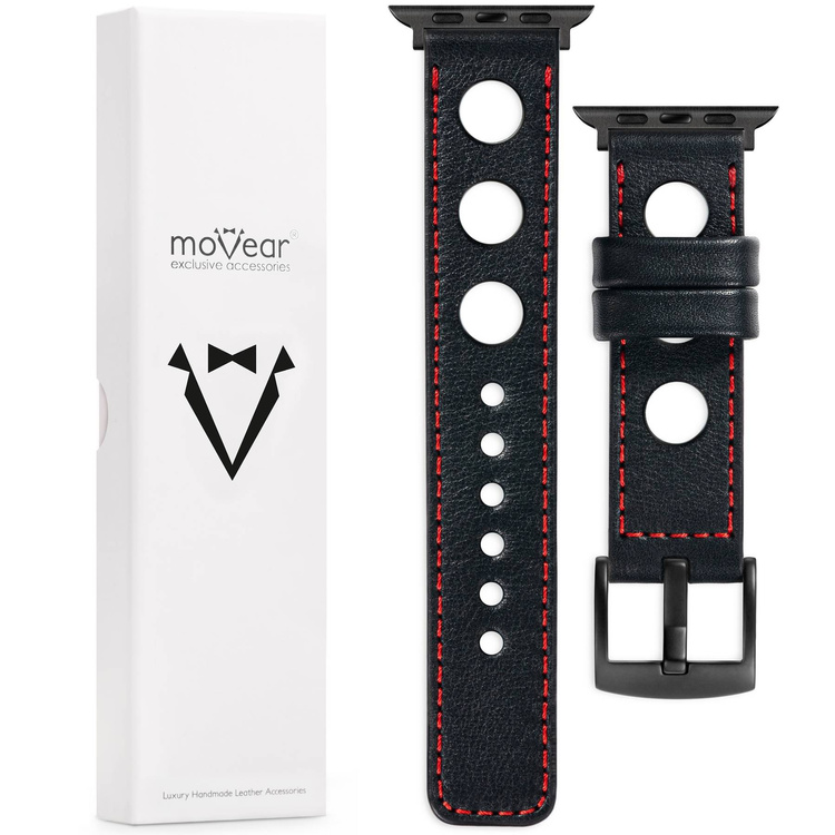 moVear Prestige R1 20mm Schwarz Lederarmband für Apple Watch 8 / 7 / 6 / 5 / 4 / SE (41/40mm) | Schwarz Nähte [Größe und Schnalle zur Auswahl]
