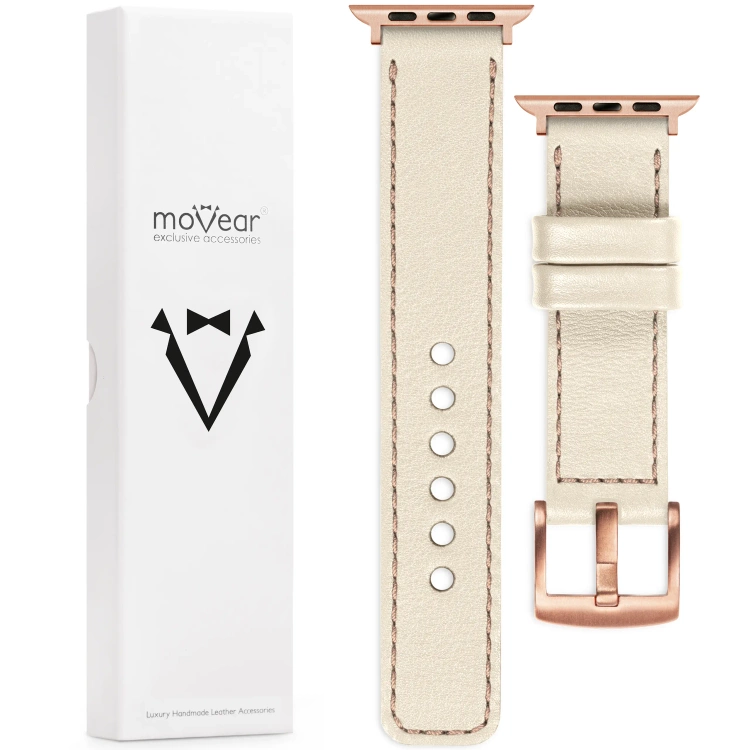 moVear Prestige C1 22mm Nude Lederarmband für Apple Watch 10 / 9 / 8 / 7 / 6 / 5 / 4 / SE (46/45/44mm) & Ultra (49mm) | Nude Nähte [Größen XS-XXL und Schnalle zur Auswahl]