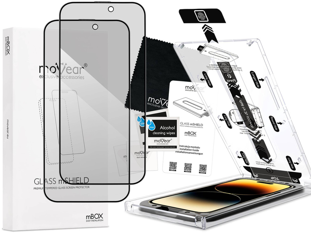 2 pcs. | moVear mBOX GLASS mSHIELD 2.5D MAX privacy for Apple iPhone 14 Pro (6.1") (Anti spy, with Applicator)