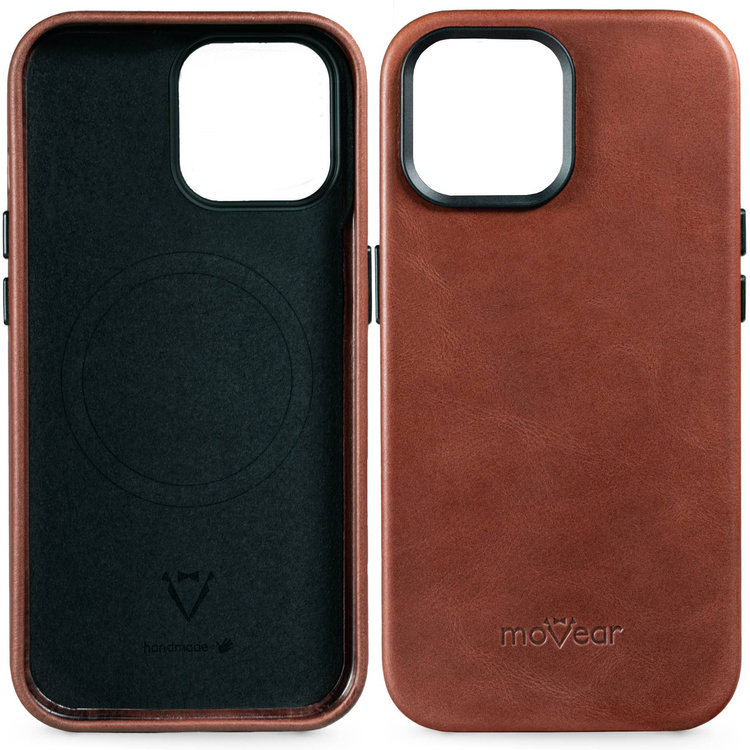 moVear [PRODUCT_MODEL] Leather back cover for Apple iPhone 14 (6,1") | MagSafe compatible, Natural oiled leather (Auburn brown)