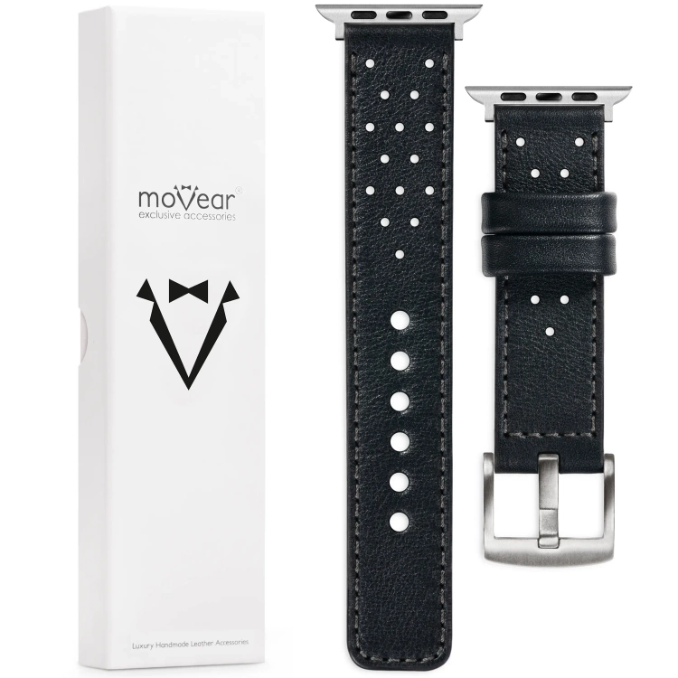 moVear Prestige R2 20mm Schwarz Lederarmband für Apple Watch 10 / 9 / 8 / 7 / 6 / 5 / 4 / SE (42/41/40mm) | Schwarz Nähte [Größen XS-XXL und Schnalle zur Auswahl]