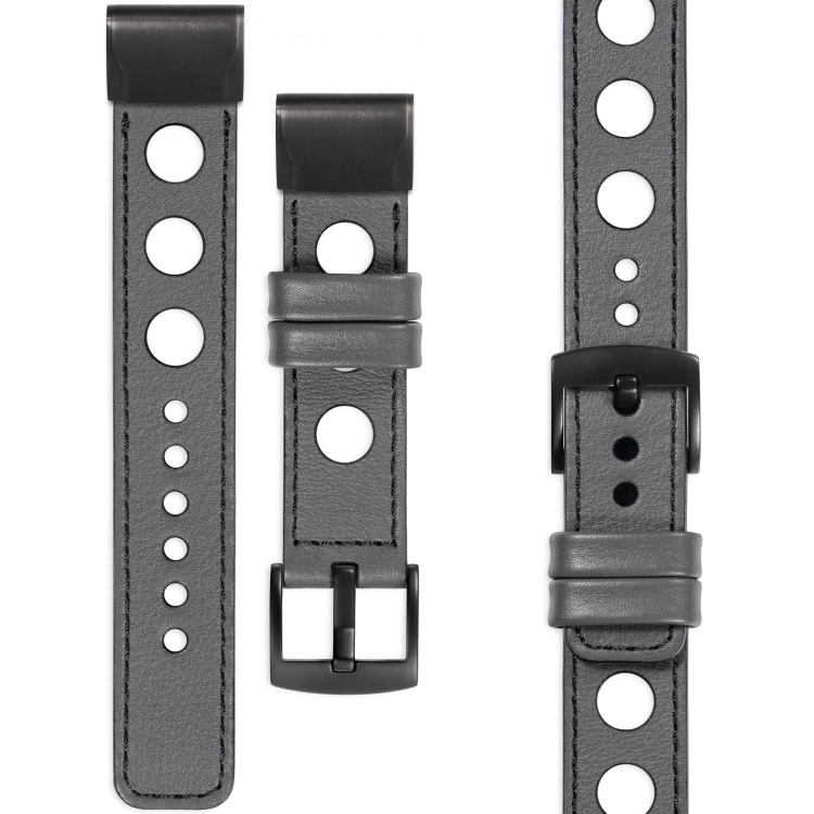 moVear Prestige R1 Lederarmband für Garmin QuickFit 26mm (Fenix / Epix / Quatix / Tactix / Enduro - 51mm) Grau, Grau Nähte [Größen XS-XXL und Schnalle zur Auswahl]