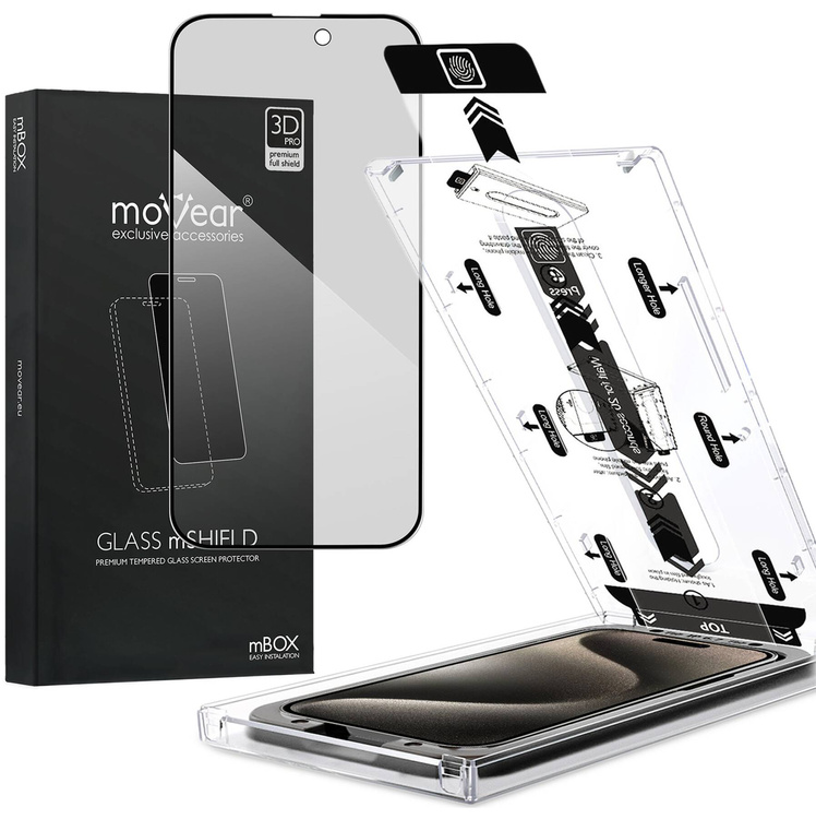 moVear mBOX GLASS mSHIELD 3D PRO privacy für Apple iPhone 15 Pro (6.1") (Privatisieren, mit Applikator)