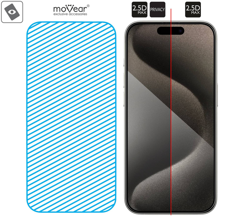 moVear mBOX GLASS mSHIELD 2.5D MAX privacy for Apple iPhone 15 Pro (6.1") (Anti spy, with Applicator)