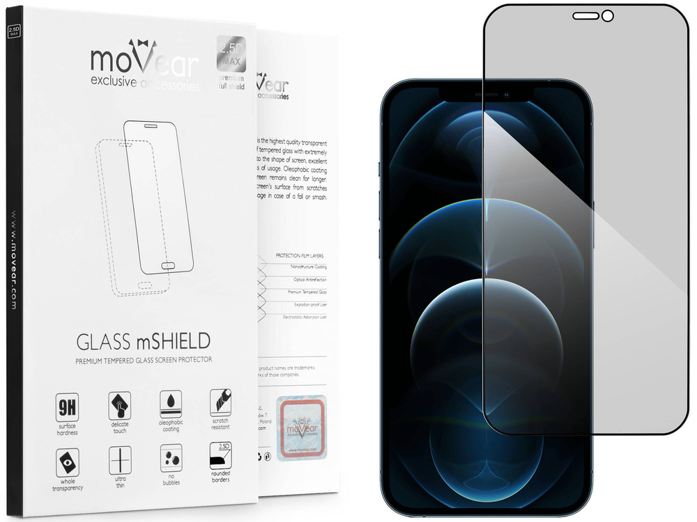 moVear GLASS mSHIELD 2.5D MAX privacy für Apple iPhone 12 Pro Max (6.7") | (Privatisierung, Handyhülle freundlich)