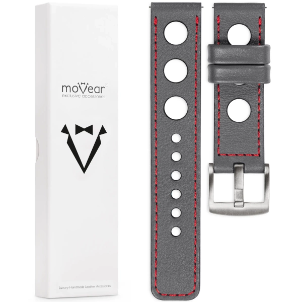 moVear Prestige R1 22mm Uhrenarmband aus Leder | Grau, Grau Nähte [Größen XS-XXL und Schnalle zur Auswahl]