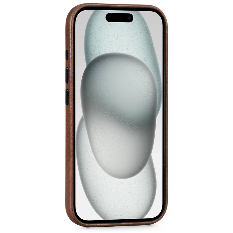 moVear [PRODUCT_MODEL] Leather back cover for Apple iPhone 15 (6,1") | MagSafe compatible, Natural oiled leather (Dark brown)