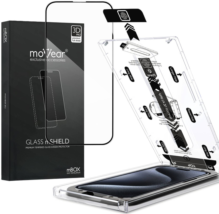 moVear mBOX GLASS mSHIELD 3D PRO für Apple iPhone 15 Pro Max (6.7") (einfache Installation)