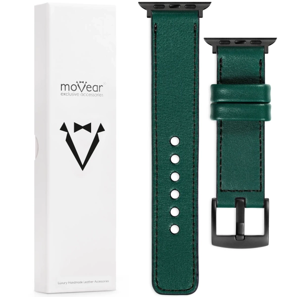 moVear Prestige C1 22mm Bottle green Leather strap for Apple Watch 10 / 9 / 8 / 7 / 6 / 5 / 4 / SE (42/41/40mm) | Bottle green stitching [sizes XS-XXL and buckle to choose from]