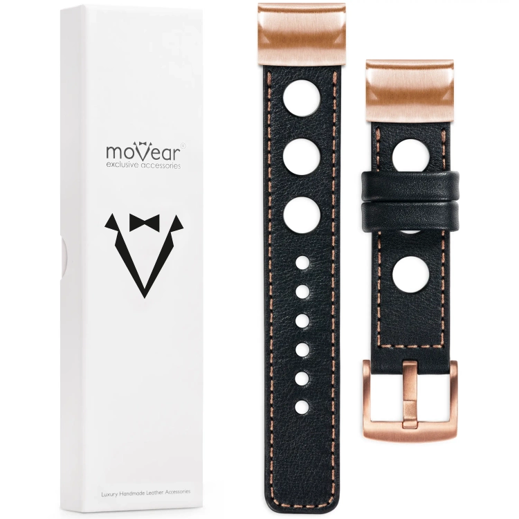 moVear Prestige R1 Lederarmband für Garmin QuickFit 20mm (Fenix / Instinct - 43/42/40mm) Schwarz, Schwarz Nähte [Größen XS-XXL und Schnalle zur Auswahl]
