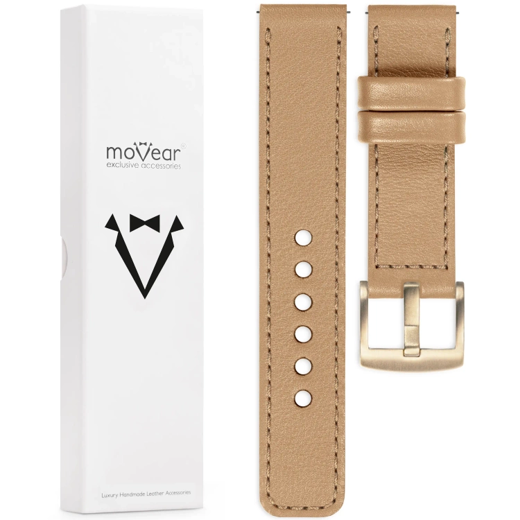 moVear Prestige C1 18mm Cappuccino Lederarmband für Garmin Vivoactive 4S, Venu 3S/2S, Vívomove 3S | Cappuccino Nähte [Größen XS-XXL und Schnalle zur Auswahl]