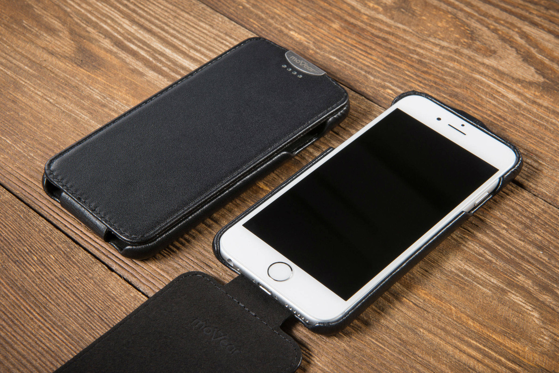 moVear flipDown C Leder-Hülle für Apple iPhone 6 / 6s | Glatte Ledercase, Schwarz