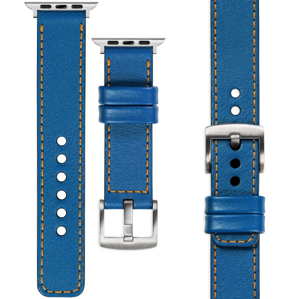 moVear Prestige C1 24mm Blue Leather strap for Apple Watch 10 / 9 / 8 / 7 / 6 / 5 / 4 / SE (46/45/44mm) & Ultra (49mm) | Blue stitching [sizes XS-XXL and buckle to choose from]