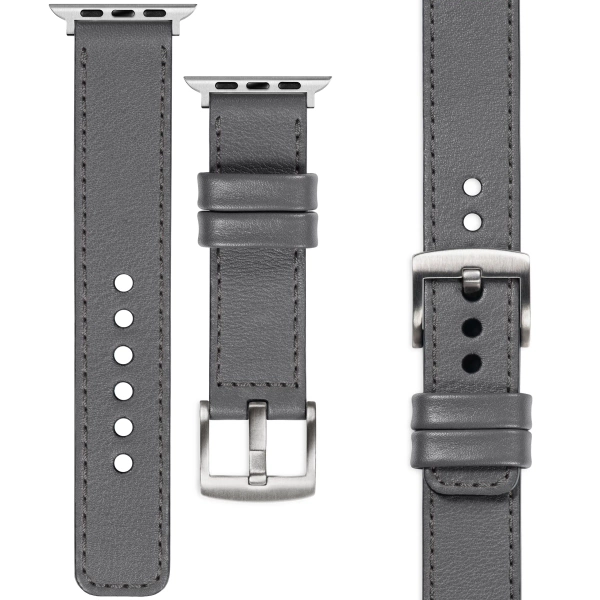 moVear Prestige C1 24mm Grau Lederarmband für Apple Watch 10 / 9 / 8 / 7 / 6 / 5 / 4 / SE (46/45/44mm) & Ultra (49mm) | Grau Nähte [Größen XS-XXL und Schnalle zur Auswahl]