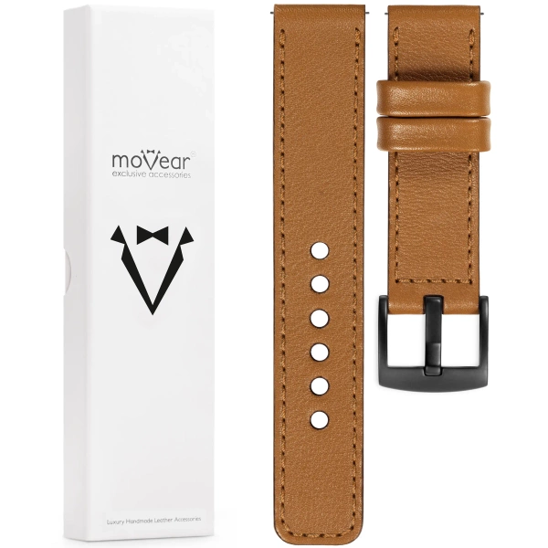 moVear Prestige C1 22mm Light brown Leather strap for Huawei Watch 5 4 3 2 1 - GT / Pro / Ultimate (48/46mm) | Light brown stitching [sizes XS-XXL and buckle to choose from]