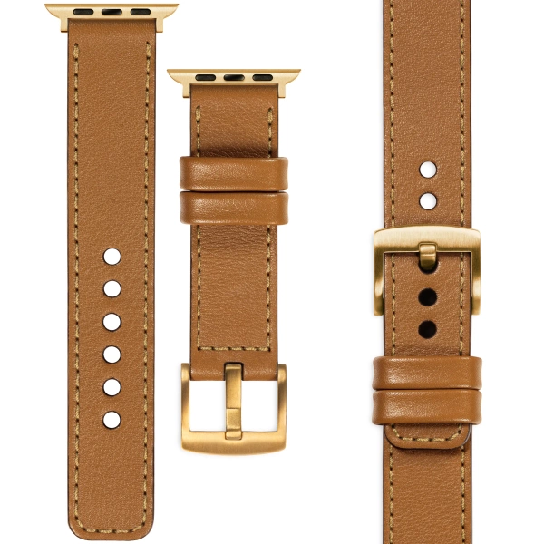 moVear Prestige C1 22mm Light brown Leather strap for Apple Watch 10 / 9 / 8 / 7 / 6 / 5 / 4 / SE (46/45/44mm) & Ultra (49mm) | Light brown stitching [sizes XS-XXL and buckle to choose from]