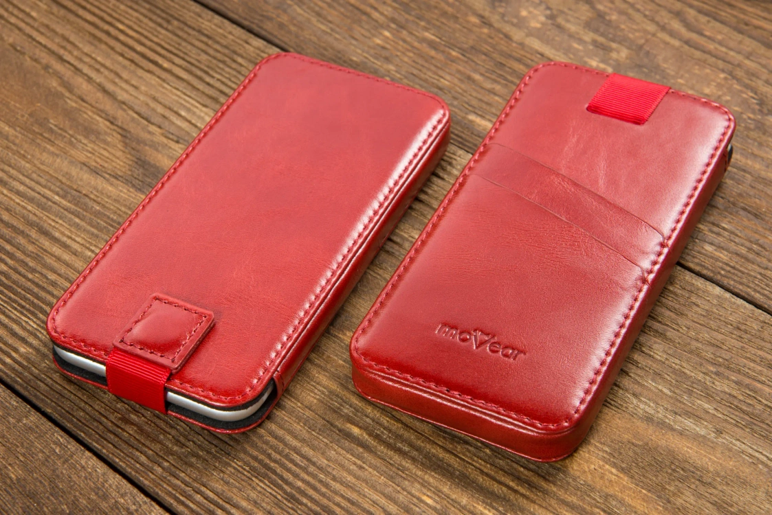 moVear pocketCase C+ Slide in leather Bag Pouch for Apple iPhone 16/15/14/13, 12/11 Pro, Xs/X | Vintage leather (Red)