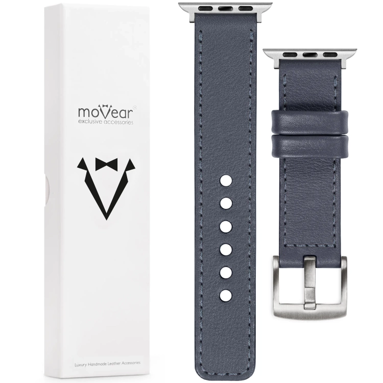 moVear Prestige C1 20mm Stahlgrau Lederarmband für Apple Watch 10 / 9 / 8 / 7 / 6 / 5 / 4 / SE (42/41/40mm) | Stahlgrau Nähte [Größen XS-XXL und Schnalle zur Auswahl]