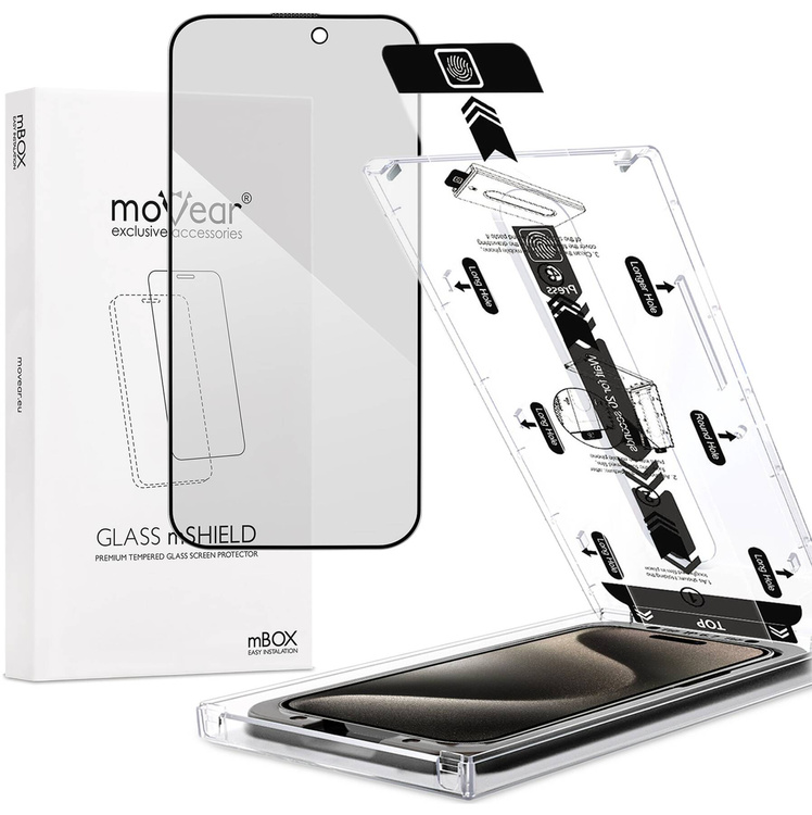 moVear mBOX GLASS mSHIELD 2.5D MAX privacy for Apple iPhone 15 Pro (6.1") (Anti spy, with Applicator)