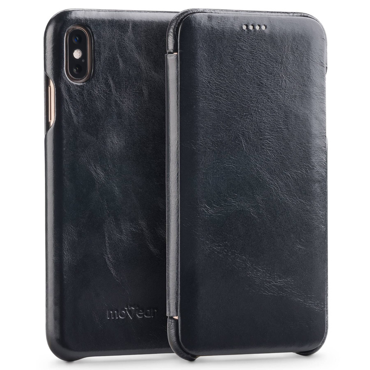 moVear flipSide S Ledertasche für Apple iPhone Xs MAX (6.5") | Glatte Leder, Handy Hülle book type (Schwarz)