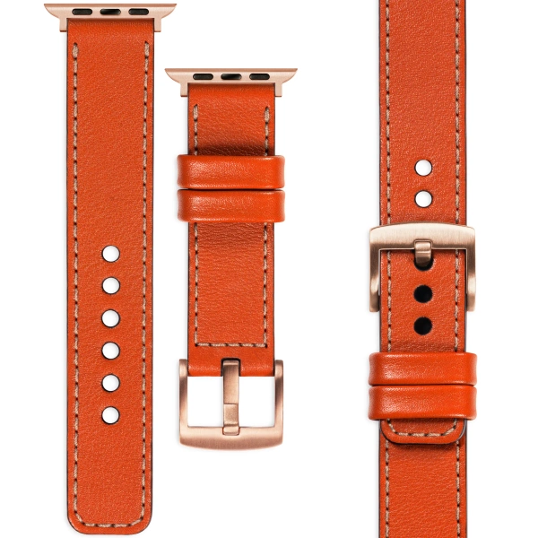 moVear Prestige C1 22mm Orange Leather strap for Apple Watch 10 / 9 / 8 / 7 / 6 / 5 / 4 / SE (46/45/44mm) & Ultra (49mm) | Orange stitching [sizes XS-XXL and buckle to choose from]