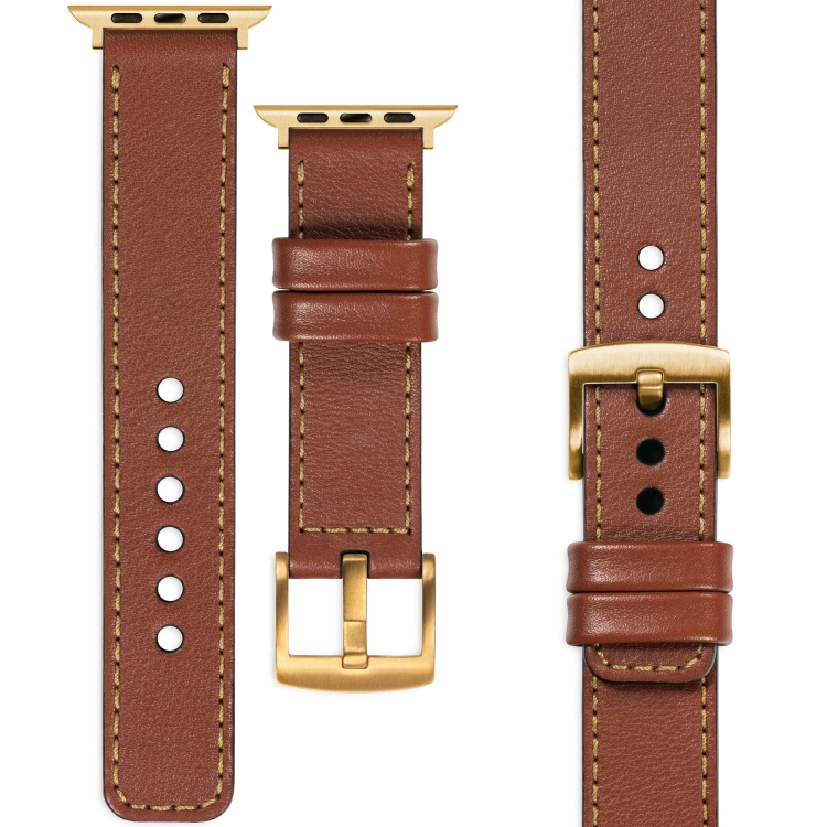 moVear Prestige C1 22mm Braun Lederarmband für Apple Watch 10 / 9 / 8 / 7 / 6 / 5 / 4 / SE (42/41/40mm) | Braun Nähte [Größen XS-XXL und Schnalle zur Auswahl]