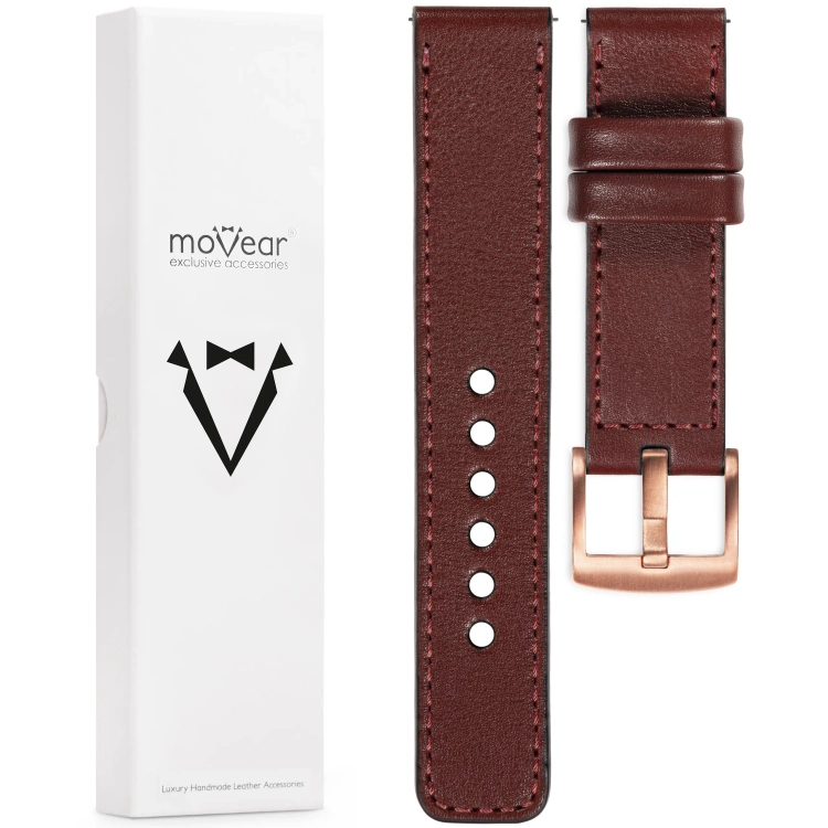 moVear Prestige C1 18mm Auburn Leather strap for Garmin Vivoactive 4S, Venu 3S/2S, Vívomove 3S | Auburn stitching [sizes XS-XXL and buckle to choose from]