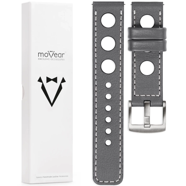 moVear Prestige R1 20mm Gray Leather strap for Garmin Vivoactive 5/3, Vivomove 3, Venu 2 | Gray stitching [sizes XS-XXL and buckle to choose from]