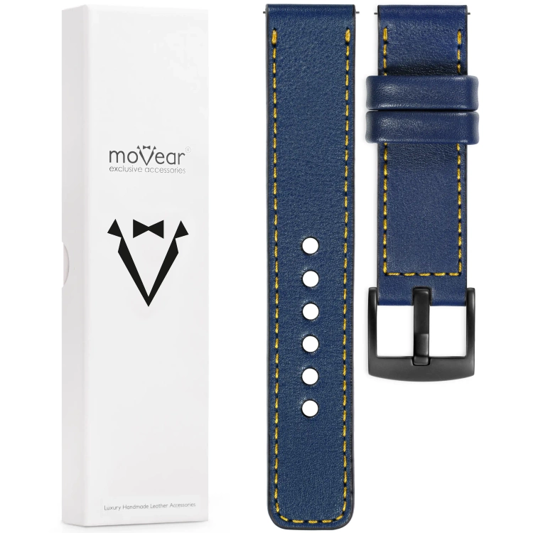 moVear Prestige C1 24mm Uhrenarmband aus Leder | Navy blau, Navy blau Nähte [Größen XS-XXL und Schnalle zur Auswahl]