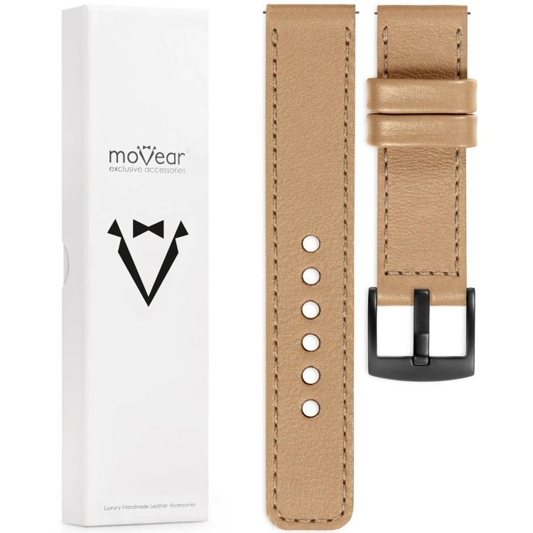 moVear Prestige C1 22mm Cappuccino Lederarmband für Samsung Galaxy Watch 3 (45mm) / Watch (46mm) / Gear S3 | Cappuccino Nähte [Größen XS-XXL und Schnalle zur Auswahl]