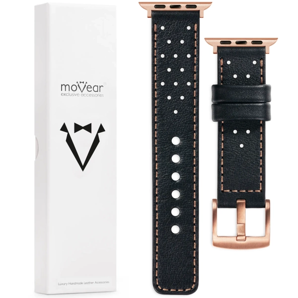 moVear Prestige R2 20mm Black Leather strap for Apple Watch 10 / 9 / 8 / 7 / 6 / 5 / 4 / SE (42/41/40mm) | Black stitching [sizes XS-XXL and buckle to choose from]