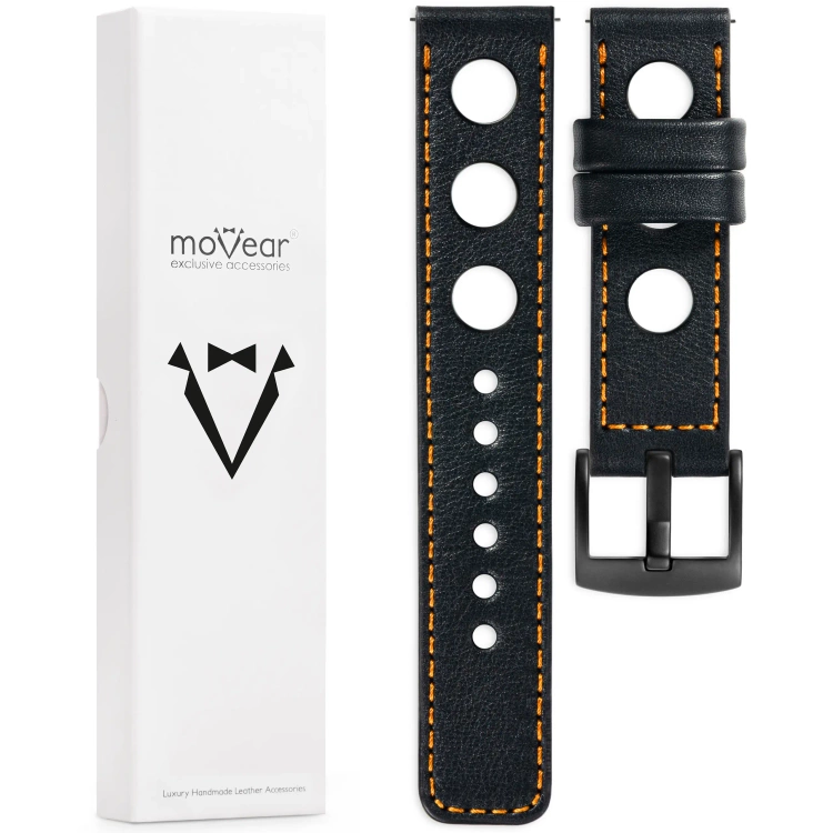 moVear Prestige R1 20mm Black Leather strap for Samsung Galaxy Watch 7 / 6 / 5 / 4 / 3 & Pro / FE / Classic / Active | Black stitching [sizes XS-XXL and buckle to choose from]