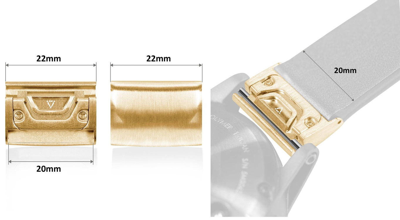 moVear | Golden 20mm Armbandadapter für Garmin QuickFit 22mm Fenix / Forerunner / Epix / Instinct / Enduro / Quatix / MARQ - 47/45mm | Golden Rostfreier Stahl +PVD