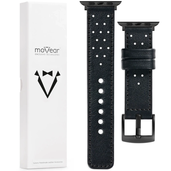 moVear Prestige R2 20mm Black Leather strap for Apple Watch 10 / 9 / 8 / 7 / 6 / 5 / 4 / SE (42/41/40mm) | Black stitching [sizes XS-XXL and buckle to choose from]