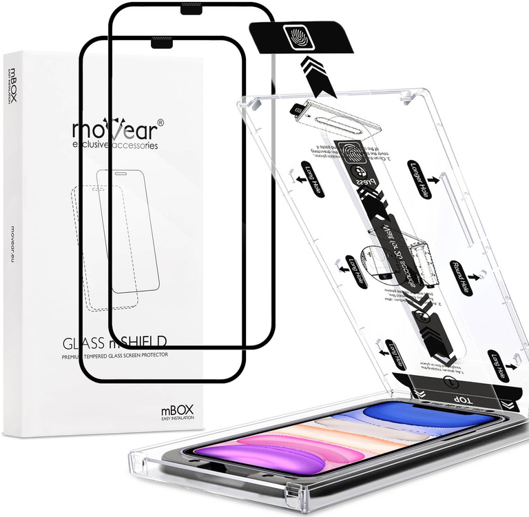 2 Stk. | moVear mBOX GLASS mSHIELD 2.5D MAX für Apple iPhone 11 / Xr (6.1") (einfache Installation)
