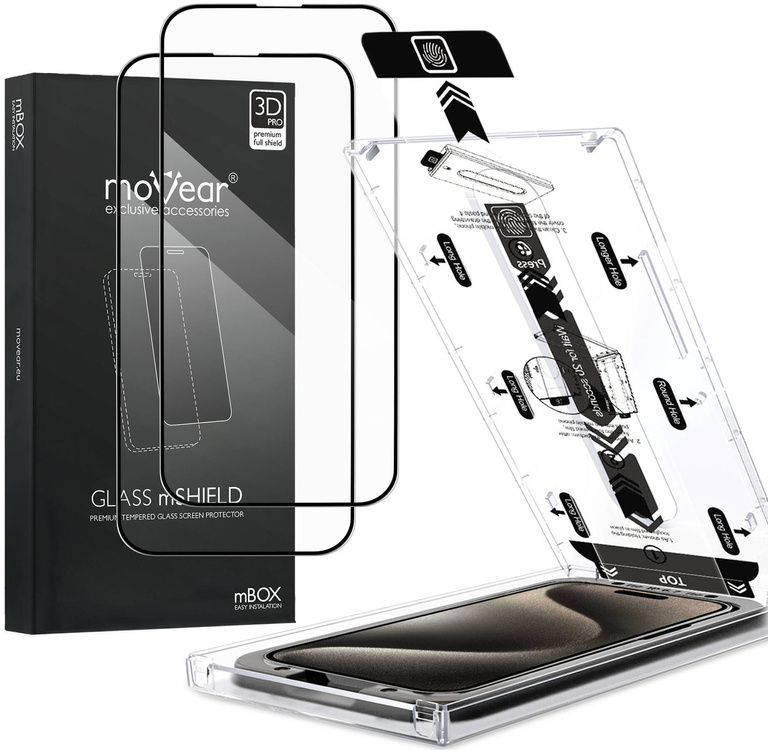2 Stk. | moVear mBOX GLASS mSHIELD 3D PRO für Apple iPhone 15 Pro (6.1") (einfache Installation)