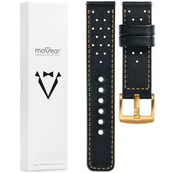 moVear Prestige R2 26mm leather watch strap | Black, Black stitching [sizes XS-XXL and buckle to choose from]