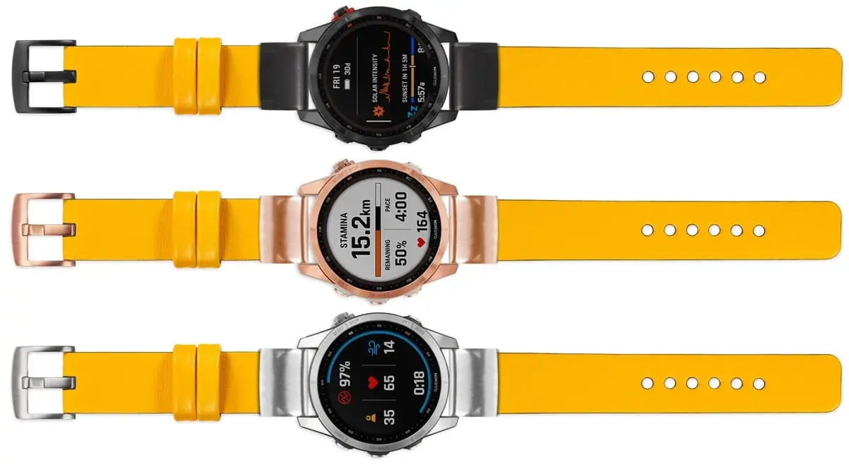 moVear Prestige S1 Leather strap for Garmin QuickFit 22mm (Fenix / Forerunner / Epix / Instinct / Enduro / Quatix / MARQ - 47/45mm) Yellow [sizes XS-XXL and buckle to choose from]