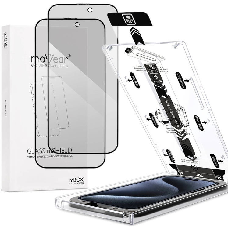 2 pcs. | moVear mBOX GLASS mSHIELD 2.5D MAX privacy for Apple iPhone 15 Pro Max (6.7") (Anti spy, with Applicator)