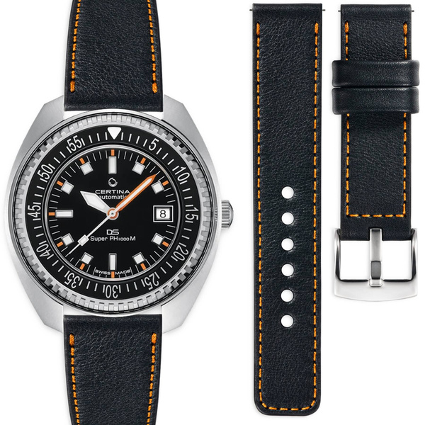 moVear Prestige C1 20mm Black Leather strap for Certina DS SUPER PH1000M C024.907.18.051.00 | Black stitching [sizes XS-XXL]